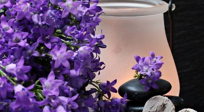 Fotografia di fiori viola e di una candela