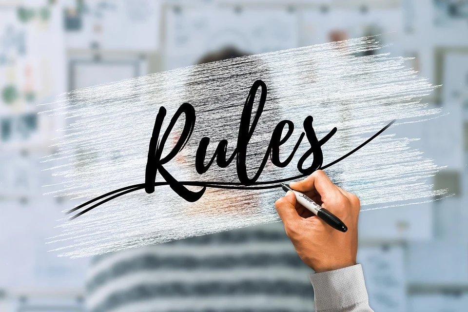 Immagine di una mano che scrive su una lavagna la parola "Rules" tradotta in italiano "Regole"